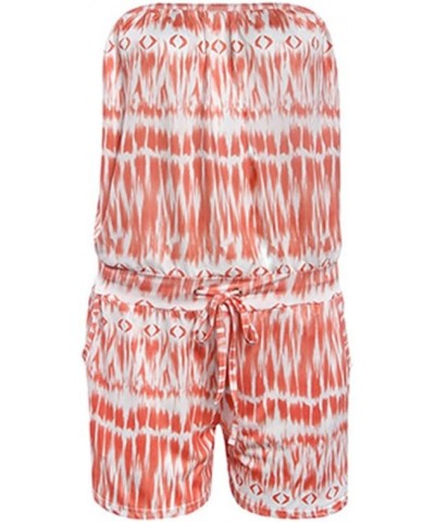 Women's Strapless Printed Short Rompers Beachwear One Piece jumpsuit Orange $12.47 Rompers