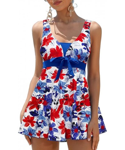 Women's Floral Print One Piece Swimdress Bowknot Bathing Suits Square Neck Skirt Swimsuit Royal Blue Print $24.91 Swimsuits