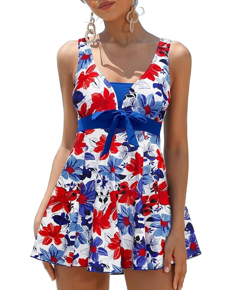 Women's Floral Print One Piece Swimdress Bowknot Bathing Suits Square Neck Skirt Swimsuit Royal Blue Print $24.91 Swimsuits