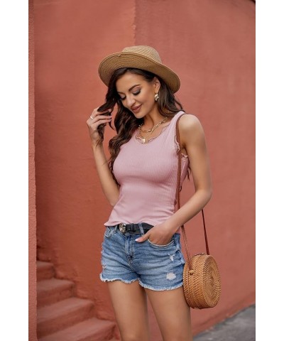 Womens V Neck Tank Tops Summer Ribbed Sleeveless Henley Shirts Sexy Low Cut Button Down Cami Knit Tees 2-lace-pink $11.39 Tanks