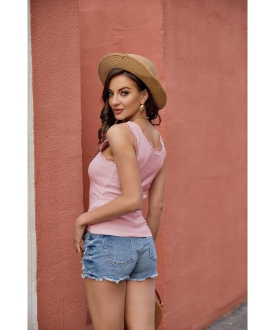 Womens V Neck Tank Tops Summer Ribbed Sleeveless Henley Shirts Sexy Low Cut Button Down Cami Knit Tees 2-lace-pink $11.39 Tanks