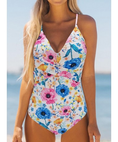 V Neck Push Up One Piece Swimsuit Women Floral Print Sexy Bathing Suit Plunging Swimwear Print145 $23.93 Swimsuits