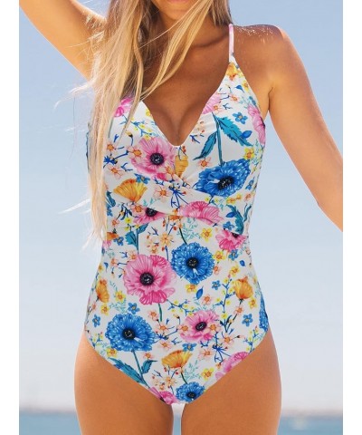 V Neck Push Up One Piece Swimsuit Women Floral Print Sexy Bathing Suit Plunging Swimwear Print145 $23.93 Swimsuits