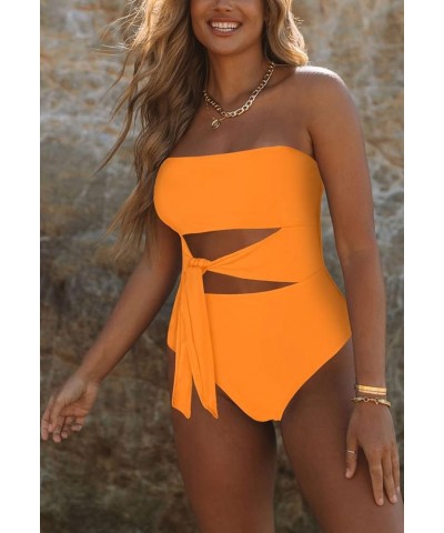 Women's Bandeau One Piece Swimsuit Strapless Tie High Cut Out Bathing Suit Light Orange $17.15 Swimsuits