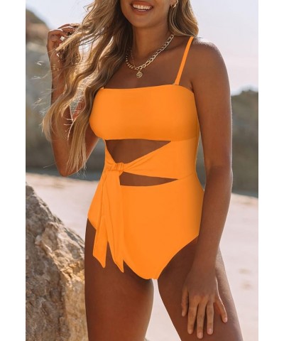 Women's Bandeau One Piece Swimsuit Strapless Tie High Cut Out Bathing Suit Light Orange $17.15 Swimsuits