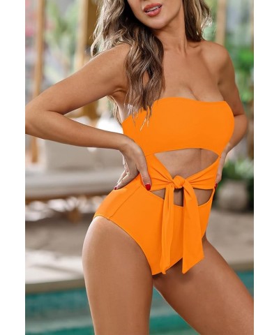 Women's Bandeau One Piece Swimsuit Strapless Tie High Cut Out Bathing Suit Light Orange $17.15 Swimsuits