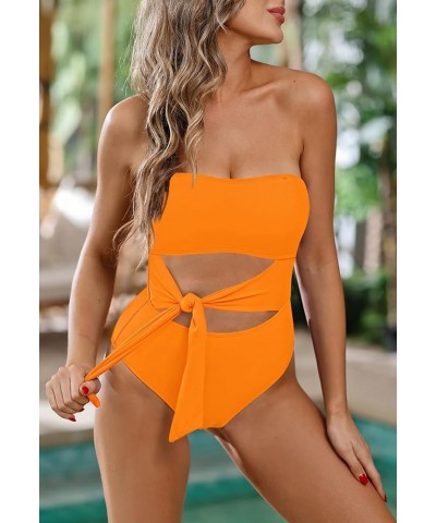 Women's Bandeau One Piece Swimsuit Strapless Tie High Cut Out Bathing Suit Light Orange $17.15 Swimsuits