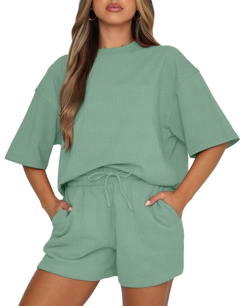 Womens Pajama Sets Short Sleeve Waffle Top and Shorts 2 Piece Tracksuit Outfits Green $16.40 Sleep & Lounge