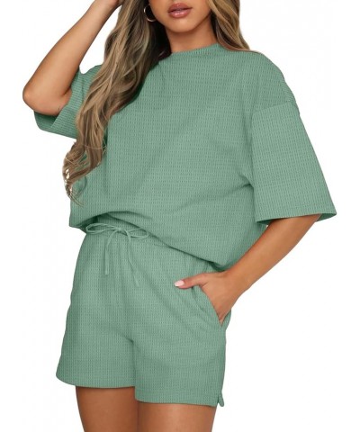 Womens Pajama Sets Short Sleeve Waffle Top and Shorts 2 Piece Tracksuit Outfits Green $16.40 Sleep & Lounge