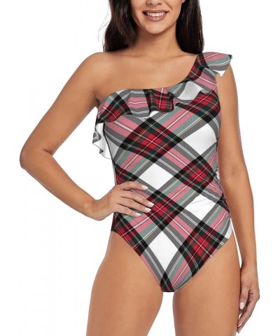 Dress Stewart Tartan Diagonal Bathing Suits for Women One Piece Swimsuits One Shoulder Ruffle Tummy Control Swimwear One Shou...