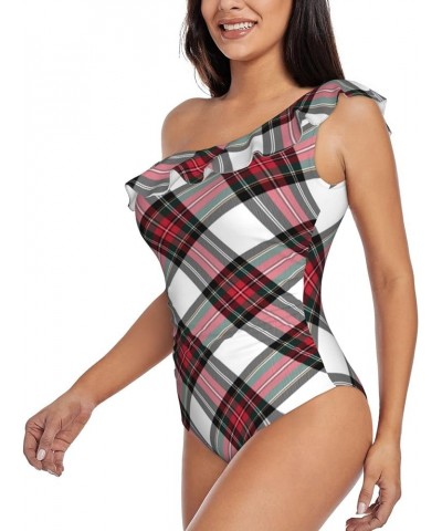 Dress Stewart Tartan Diagonal Bathing Suits for Women One Piece Swimsuits One Shoulder Ruffle Tummy Control Swimwear One Shou...