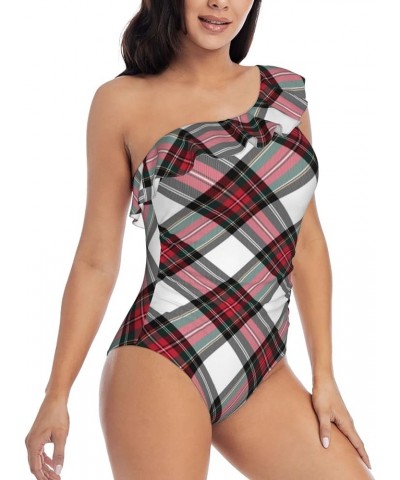 Dress Stewart Tartan Diagonal Bathing Suits for Women One Piece Swimsuits One Shoulder Ruffle Tummy Control Swimwear One Shou...