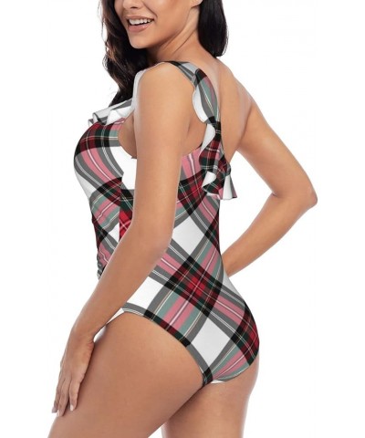 Dress Stewart Tartan Diagonal Bathing Suits for Women One Piece Swimsuits One Shoulder Ruffle Tummy Control Swimwear One Shou...