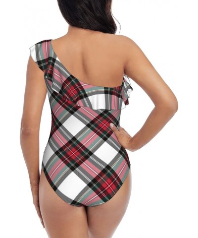 Dress Stewart Tartan Diagonal Bathing Suits for Women One Piece Swimsuits One Shoulder Ruffle Tummy Control Swimwear One Shou...