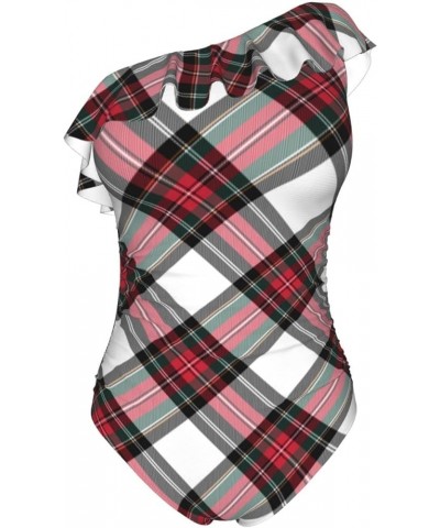 Dress Stewart Tartan Diagonal Bathing Suits for Women One Piece Swimsuits One Shoulder Ruffle Tummy Control Swimwear One Shou...