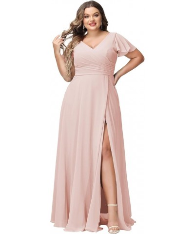 Plus Size V-Neck Long Bridesmaid Dresses with Slit Chiffon Short Sleeve Formal Party Dress CYM120 Blush Pink $35.69 Dresses