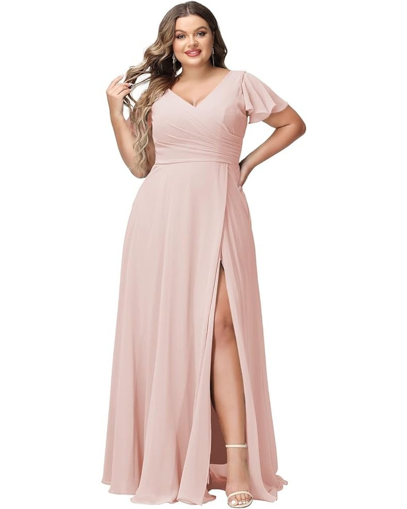 Plus Size V-Neck Long Bridesmaid Dresses with Slit Chiffon Short Sleeve Formal Party Dress CYM120 Blush Pink $35.69 Dresses