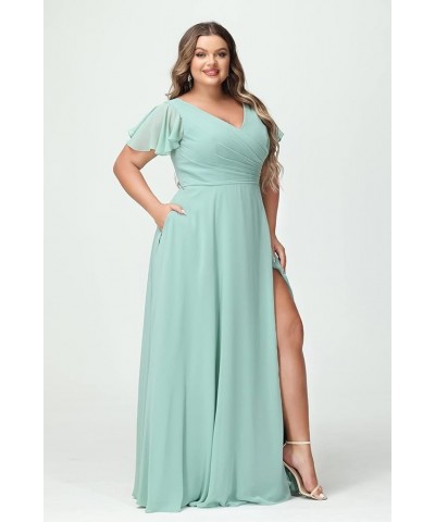 Plus Size V-Neck Long Bridesmaid Dresses with Slit Chiffon Short Sleeve Formal Party Dress CYM120 Blush Pink $35.69 Dresses