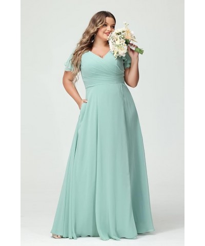 Plus Size V-Neck Long Bridesmaid Dresses with Slit Chiffon Short Sleeve Formal Party Dress CYM120 Blush Pink $35.69 Dresses