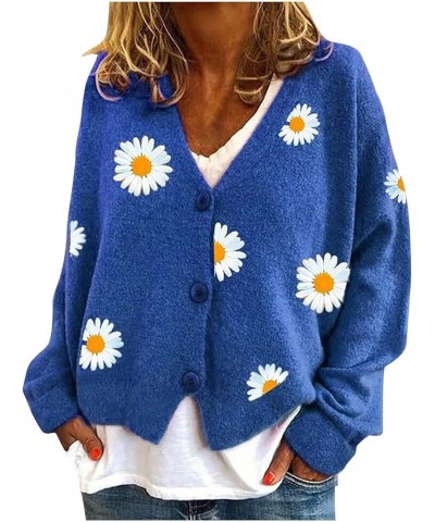 Womens Long Sleeve Button Comfy Sweater Cute Flower Graphic Cardigan Button Trendy Open Front Fall Clothes 02 Blue $17.58 Swe...