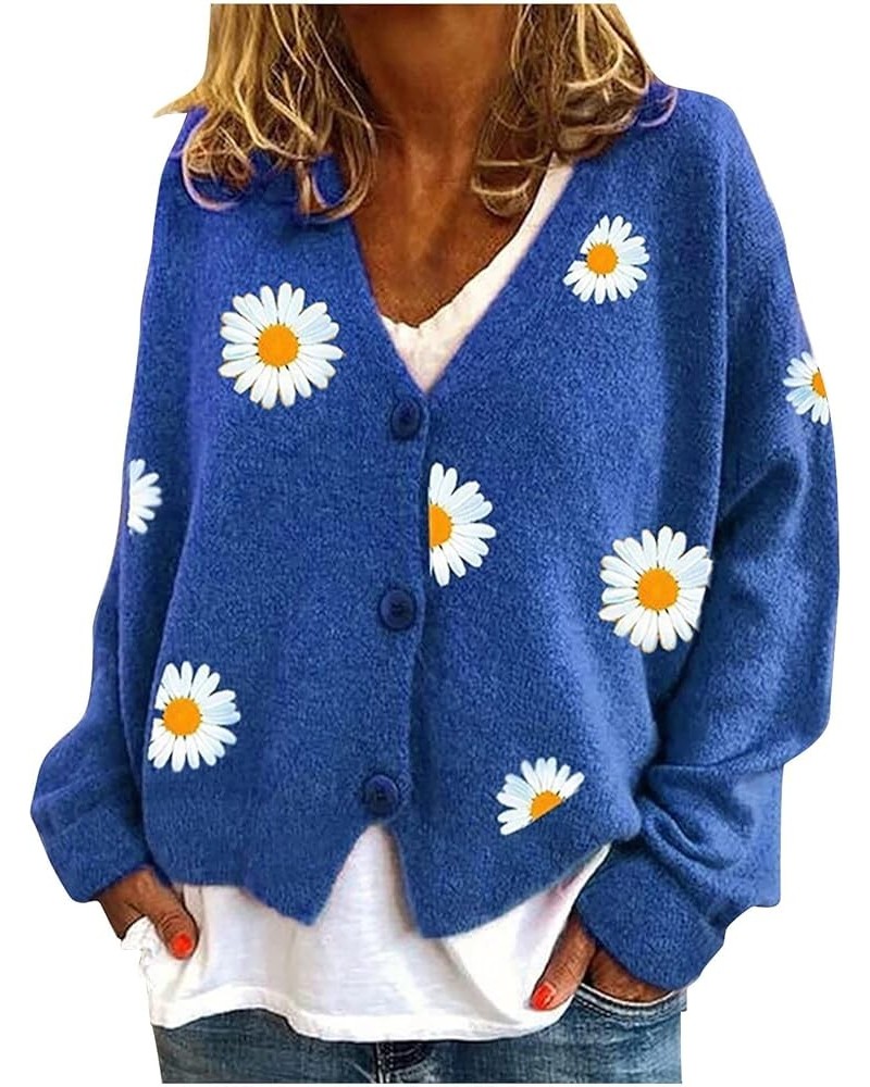 Womens Long Sleeve Button Comfy Sweater Cute Flower Graphic Cardigan Button Trendy Open Front Fall Clothes 02 Blue $17.58 Swe...