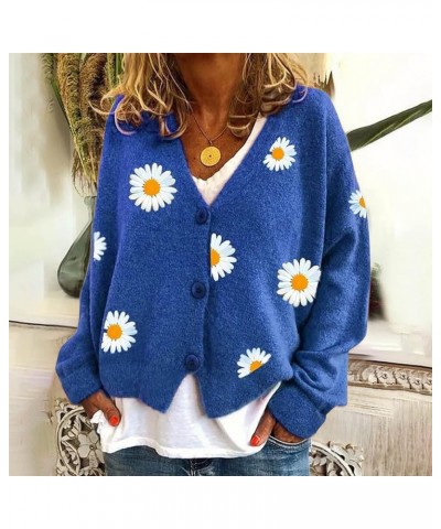 Womens Long Sleeve Button Comfy Sweater Cute Flower Graphic Cardigan Button Trendy Open Front Fall Clothes 02 Blue $17.58 Swe...