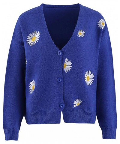 Womens Long Sleeve Button Comfy Sweater Cute Flower Graphic Cardigan Button Trendy Open Front Fall Clothes 02 Blue $17.58 Swe...