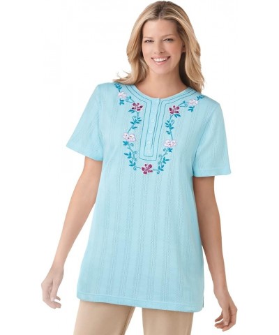 Women's Plus Size 7-Day Embroidered Pointelle Tunic Seamist Blue Floral Embroidery $20.70 Tops