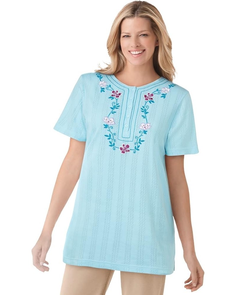 Women's Plus Size 7-Day Embroidered Pointelle Tunic Seamist Blue Floral Embroidery $20.70 Tops