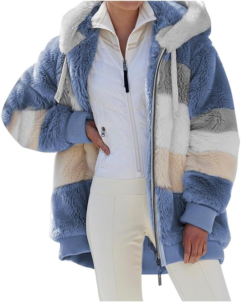 Womens Contrasting Lamb Wool Padded Coat, Winter Windproof Fuzzy Fleece Jacket Hooded Blue $20.57 Jackets