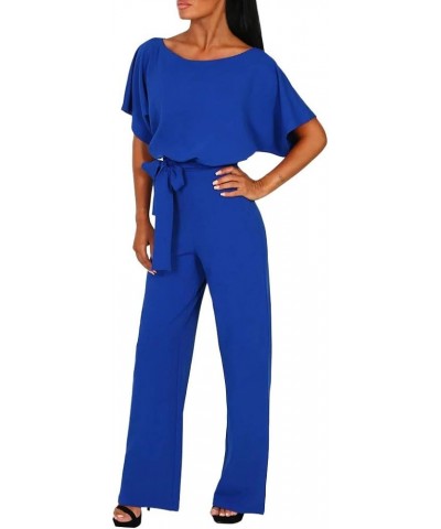 Women's Casual Jumpsuits Short Sleeve Belted High Waist Wide Leg Rompers 2024 Summer Loose Elegant Dressy Business Overalls C...