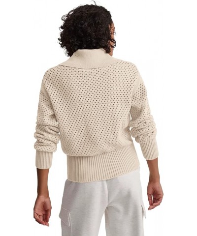 Women's Half Zip Pullover Sweaters Crochet Lapel Collar Long Sleeve Knit Solid Color Jumper Tops Beige $20.89 Sweaters