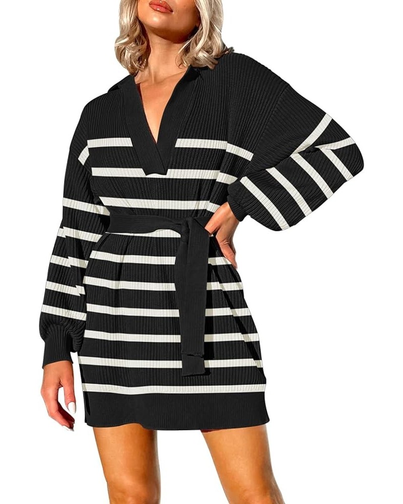 Women's 2023 Fall Oversized Sweater Dress Collared V Neck Ribbed Knit Long Sleeve Pullover Jumpers Black/White $13.53 Sweaters