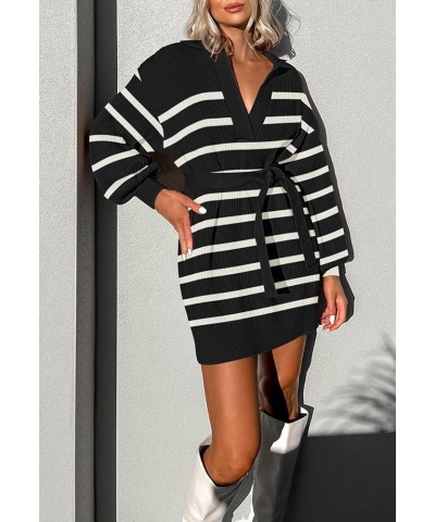 Women's 2023 Fall Oversized Sweater Dress Collared V Neck Ribbed Knit Long Sleeve Pullover Jumpers Black/White $13.53 Sweaters