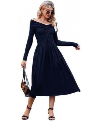 Women's Off Shoulder Dress Long Sleeve Casual Pleated A Line Flowy Maxi Dress with Pockets 1 Navy Blue $8.95 Dresses