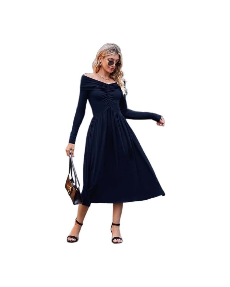 Women's Off Shoulder Dress Long Sleeve Casual Pleated A Line Flowy Maxi Dress with Pockets 1 Navy Blue $8.95 Dresses