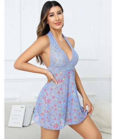 Women Lingerie Halter Chemise Lace Babydoll Mesh Nightwear V Neck Teddy Blue Floral $9.46 Lingerie