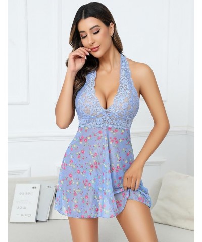 Women Lingerie Halter Chemise Lace Babydoll Mesh Nightwear V Neck Teddy Blue Floral $9.46 Lingerie