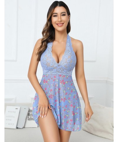 Women Lingerie Halter Chemise Lace Babydoll Mesh Nightwear V Neck Teddy Blue Floral $9.46 Lingerie