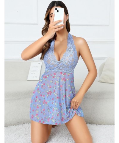 Women Lingerie Halter Chemise Lace Babydoll Mesh Nightwear V Neck Teddy Blue Floral $9.46 Lingerie