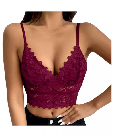 Lace Bralette Women's Lace Cami Crop Tops Tank Top Lace Camisole Bra Spaghetti Strap Crop Top Bodysuit Bustier Lingerie Wine-...