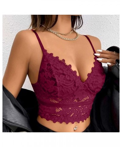 Lace Bralette Women's Lace Cami Crop Tops Tank Top Lace Camisole Bra Spaghetti Strap Crop Top Bodysuit Bustier Lingerie Wine-...