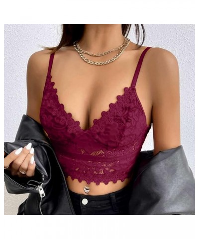 Lace Bralette Women's Lace Cami Crop Tops Tank Top Lace Camisole Bra Spaghetti Strap Crop Top Bodysuit Bustier Lingerie Wine-...