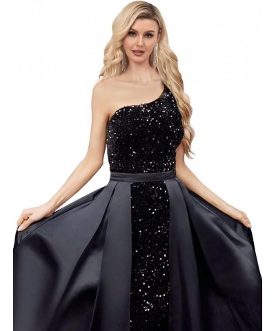 One Shoulder Sequin Prom Dress 2024 for Women with Detachable Train Long Satin Formal Dresses Sparkly Ball Gowns with Cape Ye...