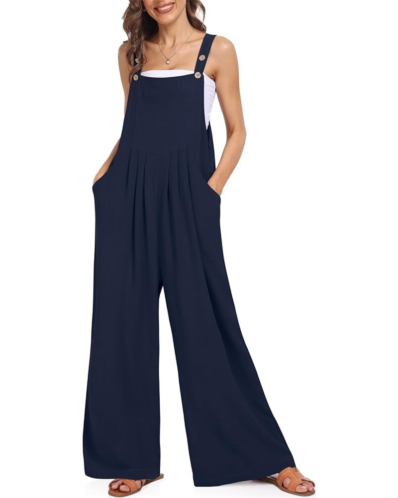 Womens Overalls Casual Wide Leg Jumpsuits Bib Summer Rompers Jumpers Sleeveless Straps With Pockets Outfits Navy $10.25 Overalls