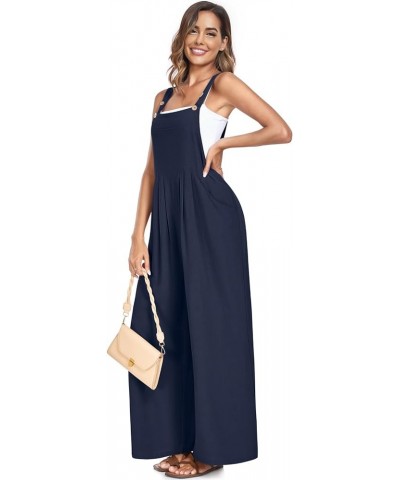 Womens Overalls Casual Wide Leg Jumpsuits Bib Summer Rompers Jumpers Sleeveless Straps With Pockets Outfits Navy $10.25 Overalls