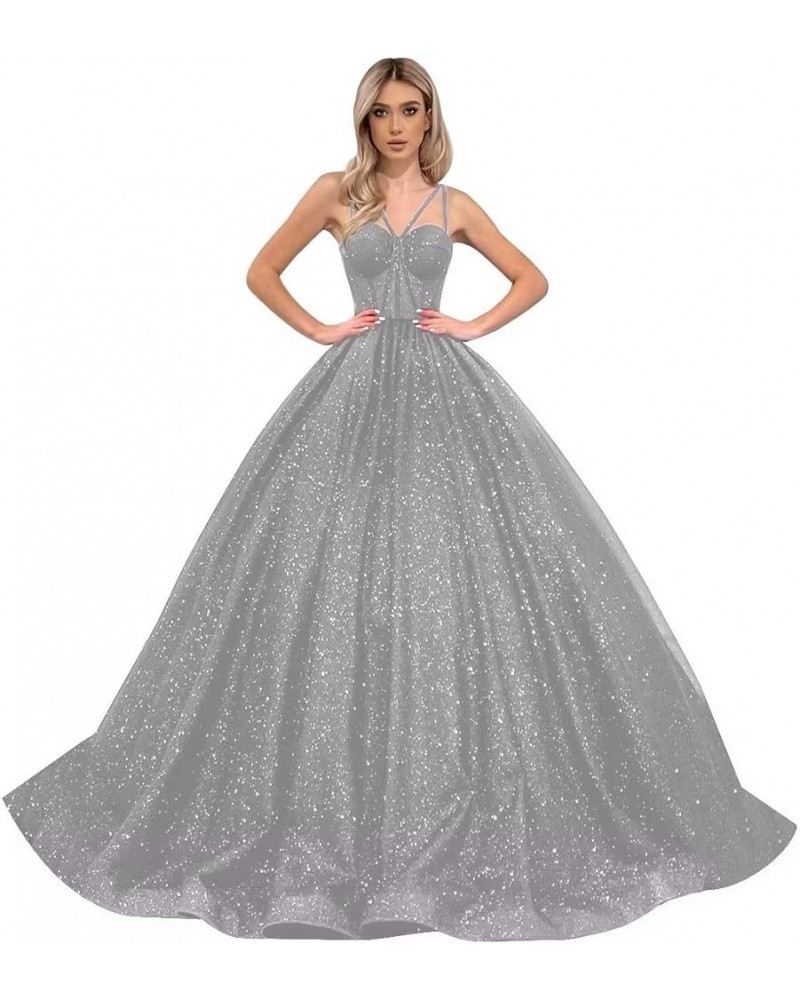 A-Line Glitter Prom Dresses Ball Gowns Princess Evening Gown Sparkly Quinceanera Dress Grey $42.77 Dresses