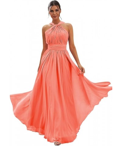 Long Halter Bridesmaid Dresses for Women 2024 A-line Maxi Formal Dresses Elegant with Pockets Coral $24.50 Dresses