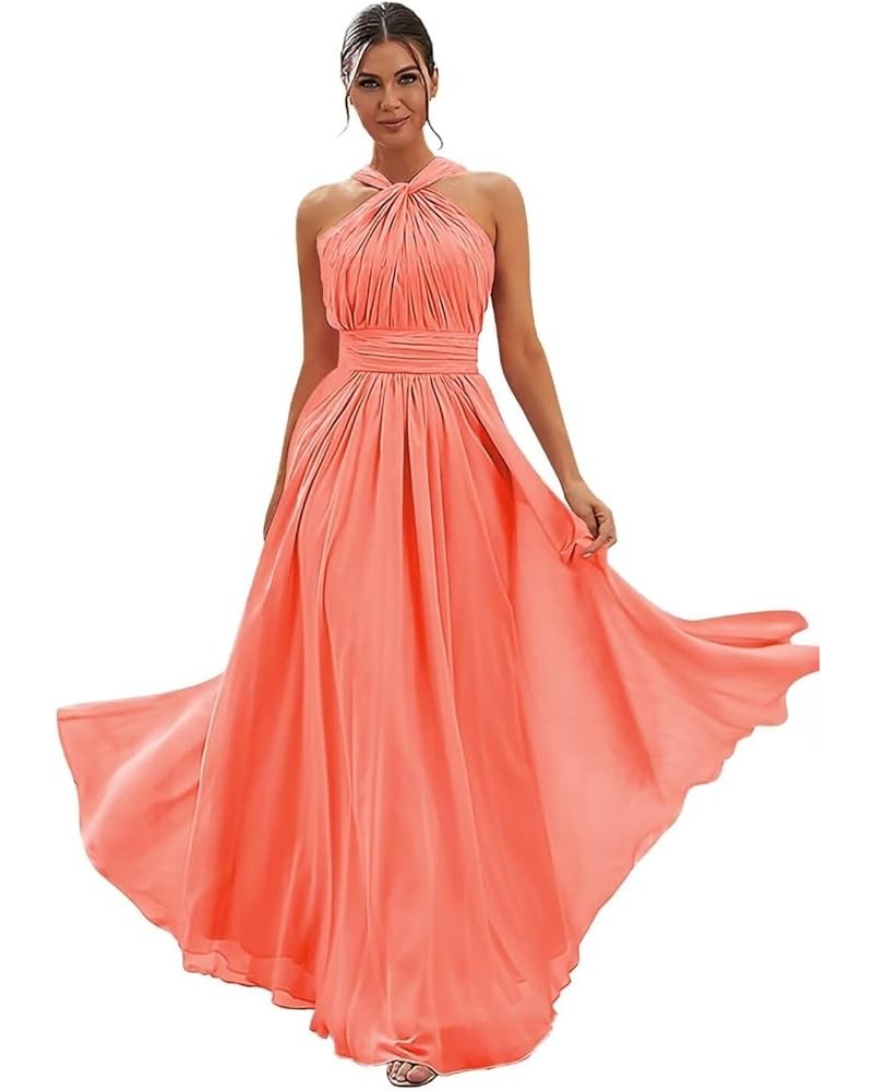 Long Halter Bridesmaid Dresses for Women 2024 A-line Maxi Formal Dresses Elegant with Pockets Coral $24.50 Dresses