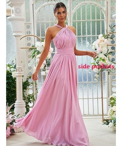 Long Halter Bridesmaid Dresses for Women 2024 A-line Maxi Formal Dresses Elegant with Pockets Coral $24.50 Dresses